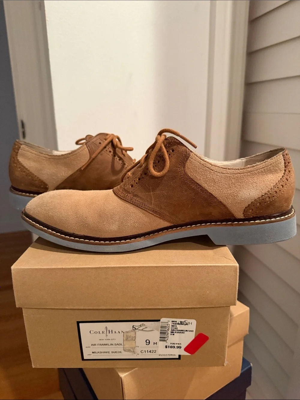 Cole Haan Men’s Tan and Brown Suede Wingtip Derby Oxfords